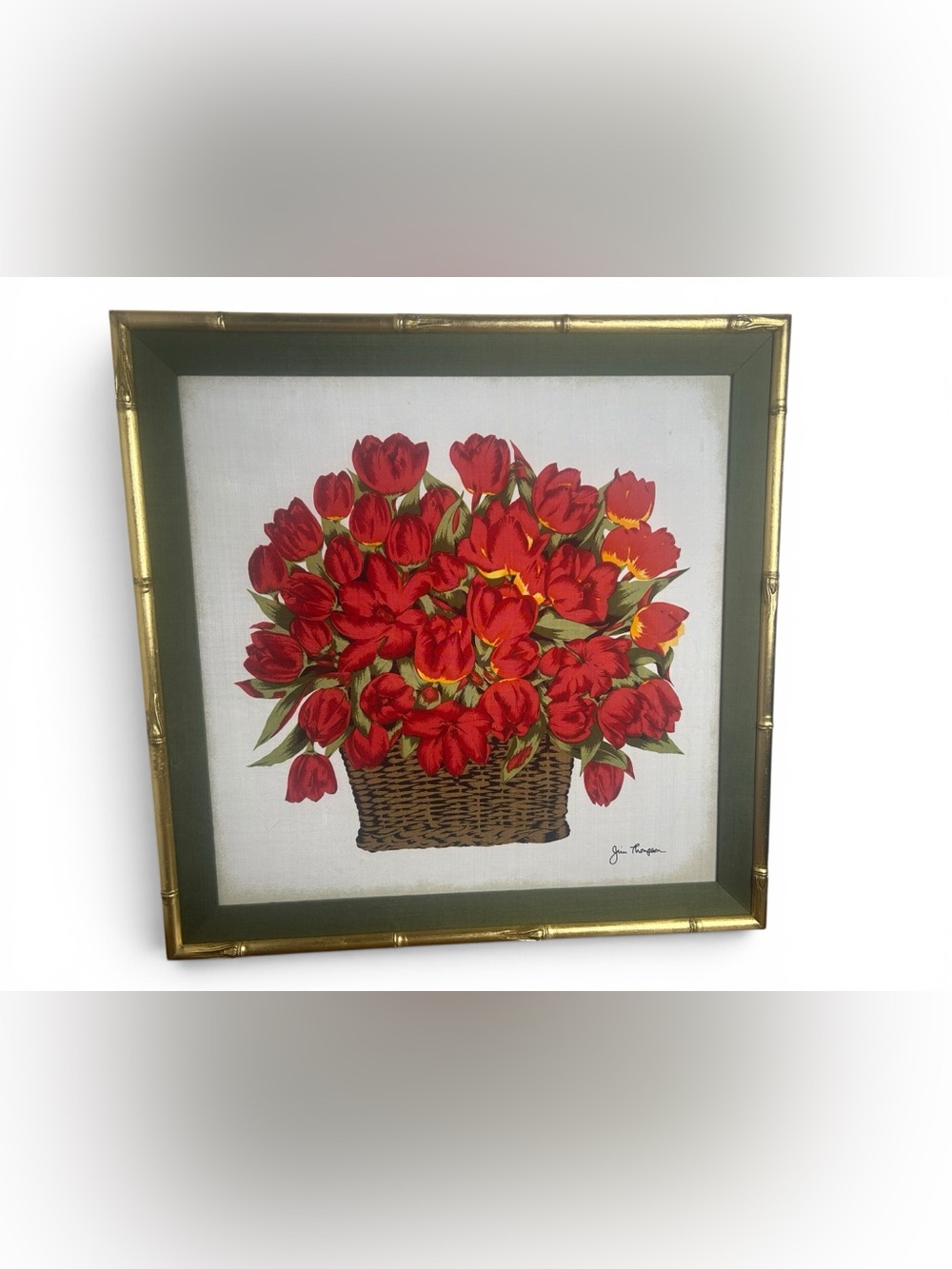Vintage 80s Jim Thompson Red Tulips Framed Textile 100% Silk Art Gold Frame